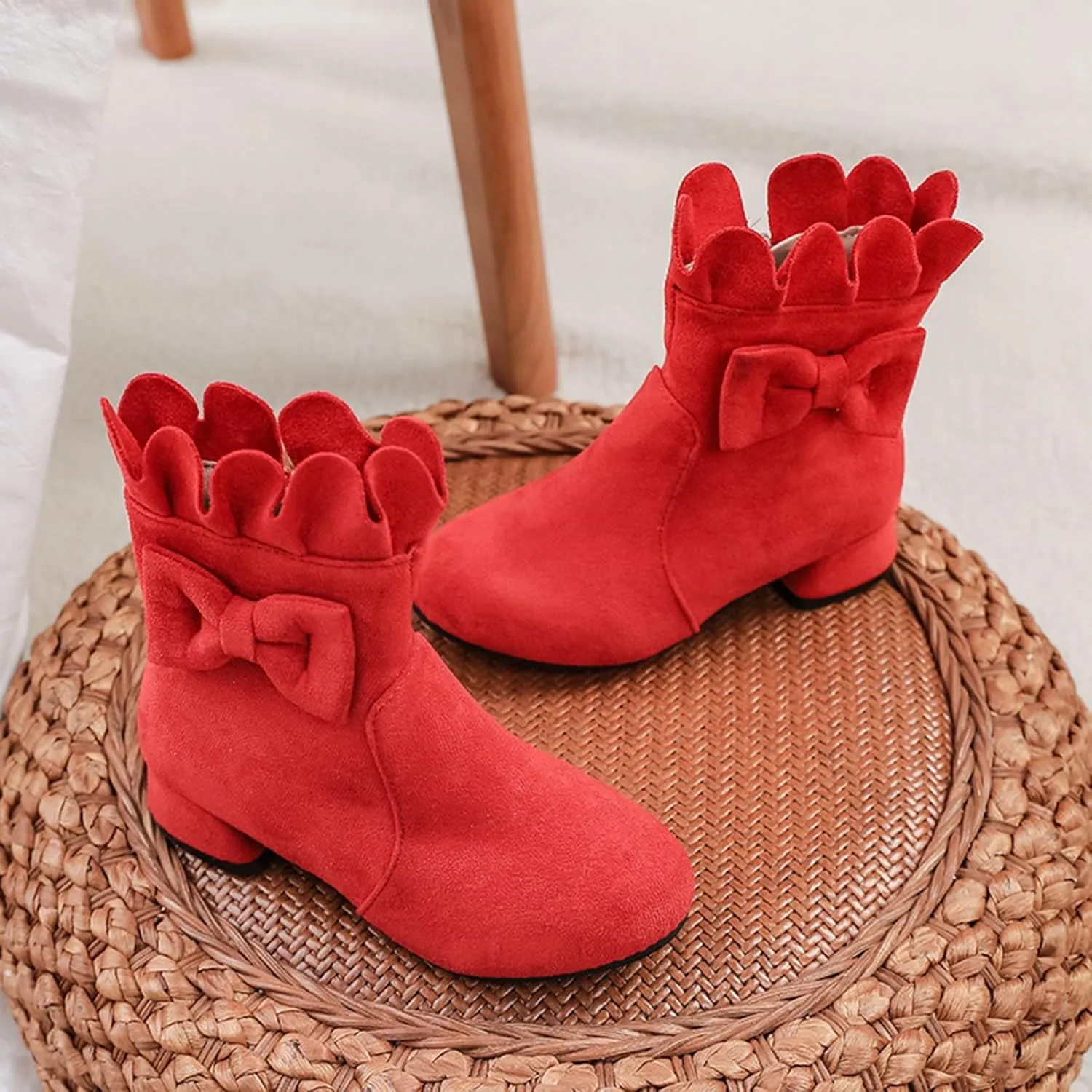 Toddler/Little Girls Short Ankle Boots Sweet Bowknot Side Zipper Low Heel Dress Booties Fashion Lavish Boots