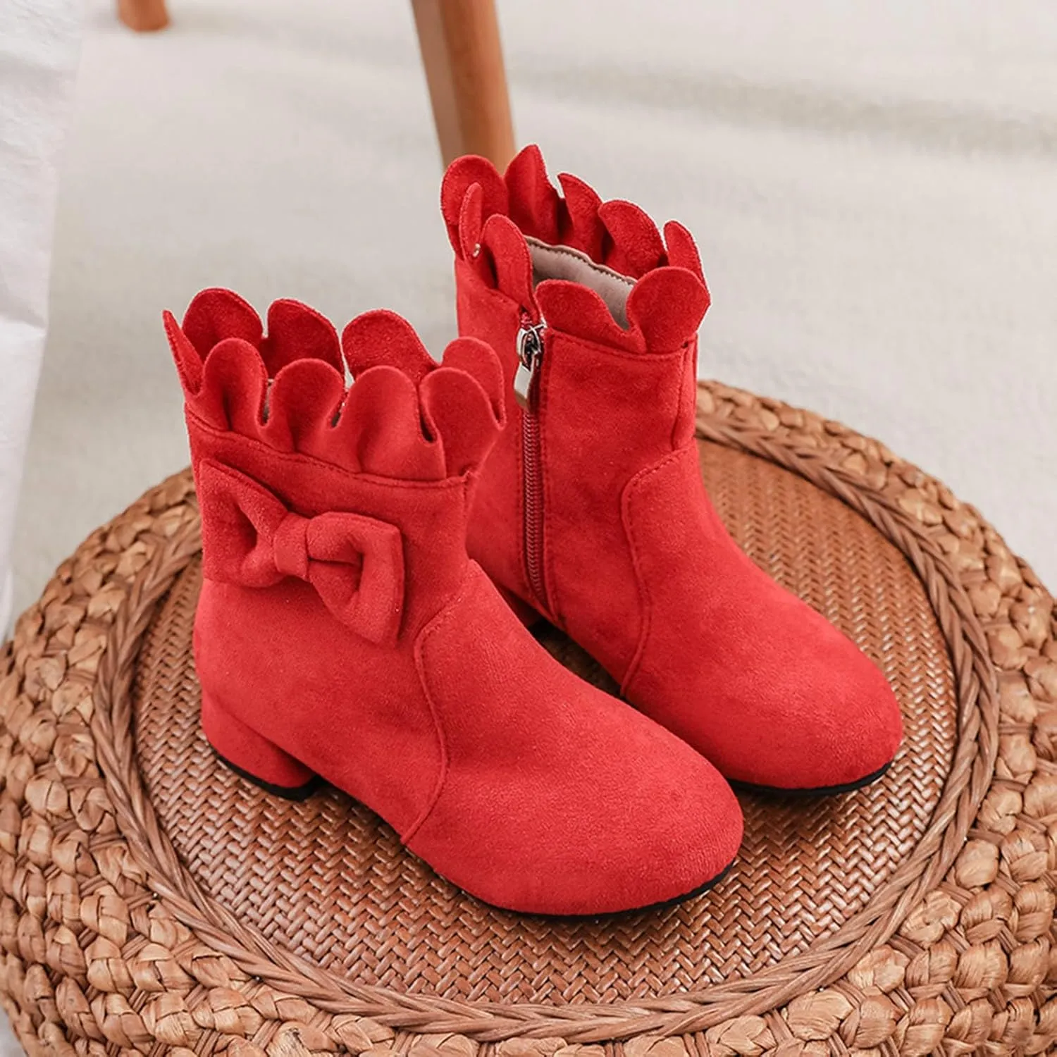 Toddler/Little Girls Short Ankle Boots Sweet Bowknot Side Zipper Low Heel Dress Booties Fashion Lavish Boots