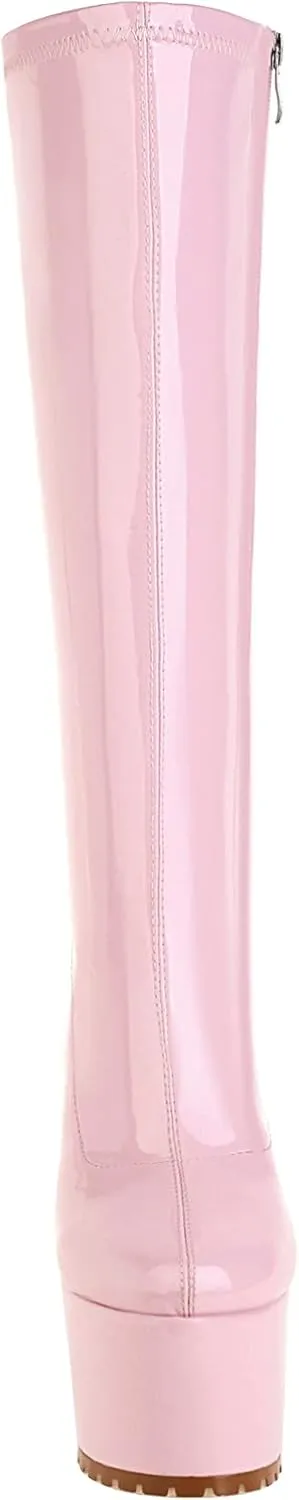 vivianly Women Chunky Heel Knee High Platform Boots Patent Leather Zipper Long Booties