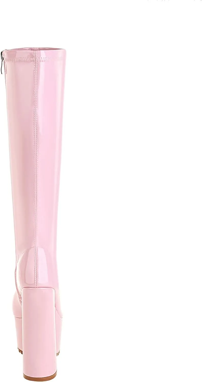 vivianly Women Chunky Heel Knee High Platform Boots Patent Leather Zipper Long Booties