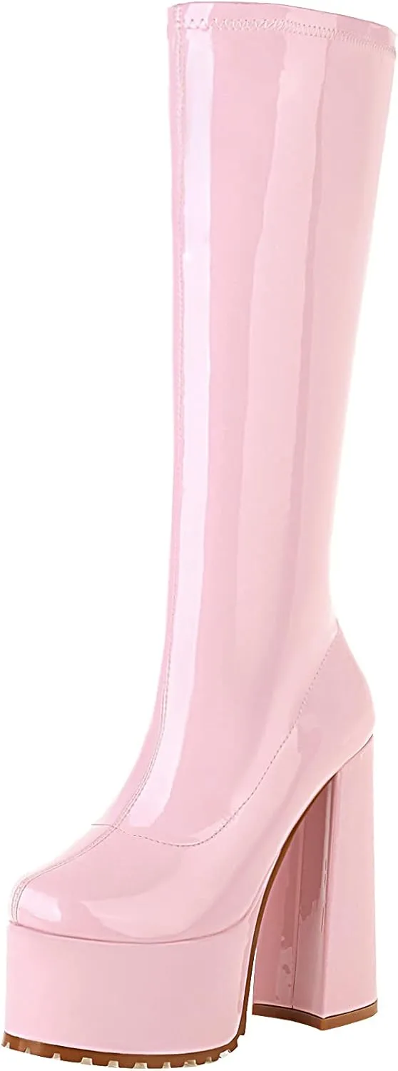 vivianly Women Chunky Heel Knee High Platform Boots Patent Leather Zipper Long Booties