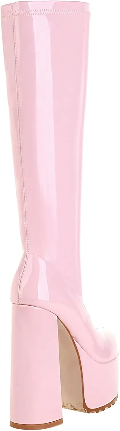 vivianly Women Chunky Heel Knee High Platform Boots Patent Leather Zipper Long Booties