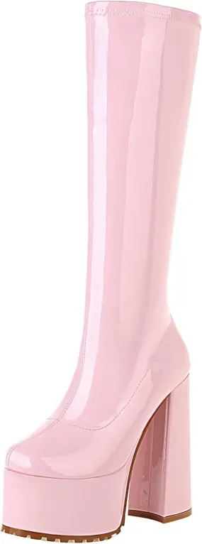 vivianly Women Chunky Heel Knee High Platform Boots Patent Leather Zipper Long Booties