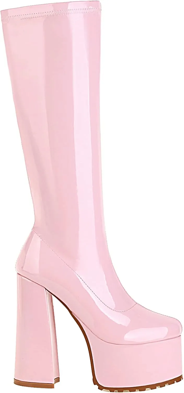 vivianly Women Chunky Heel Knee High Platform Boots Patent Leather Zipper Long Booties
