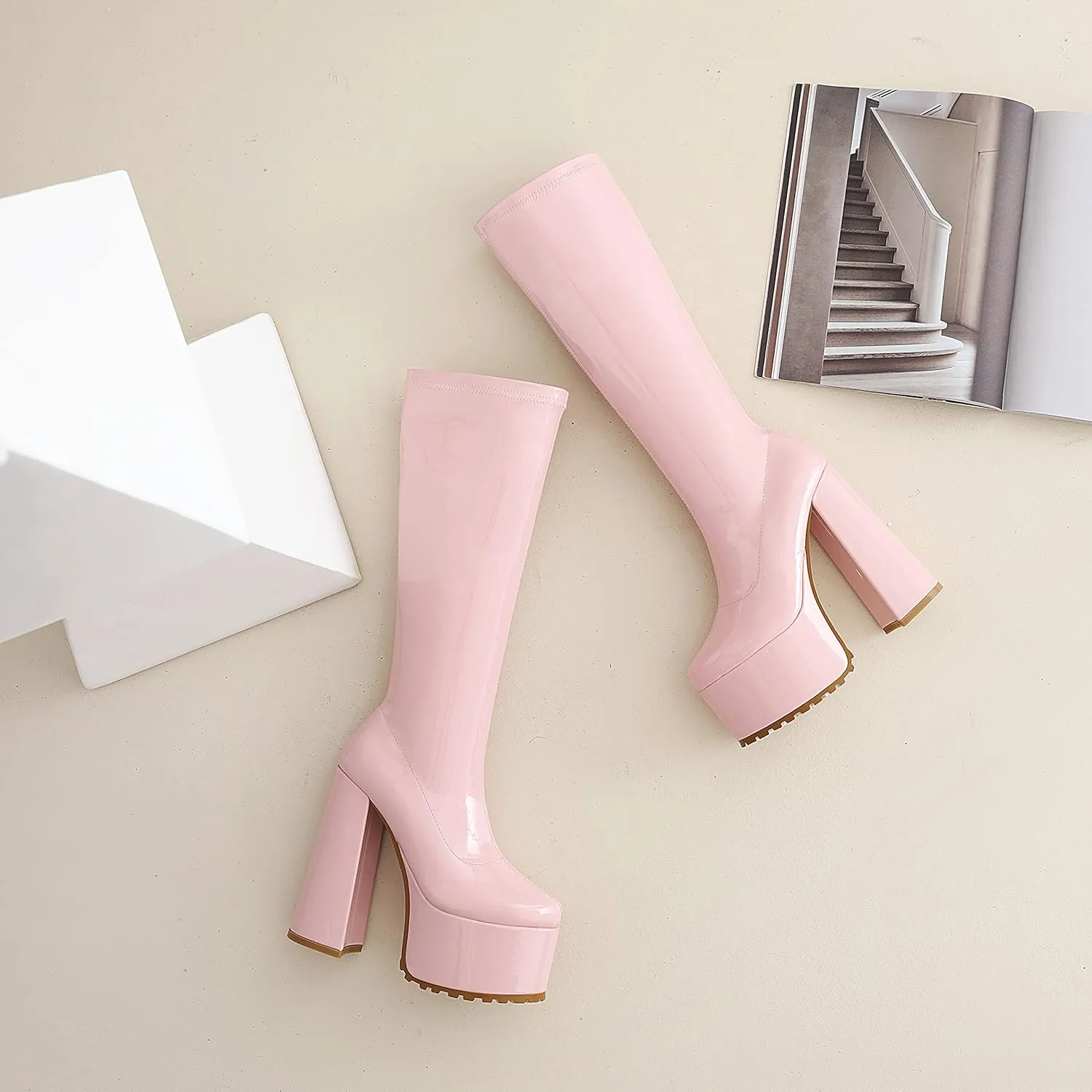 vivianly Women Chunky Heel Knee High Platform Boots Patent Leather Zipper Long Booties