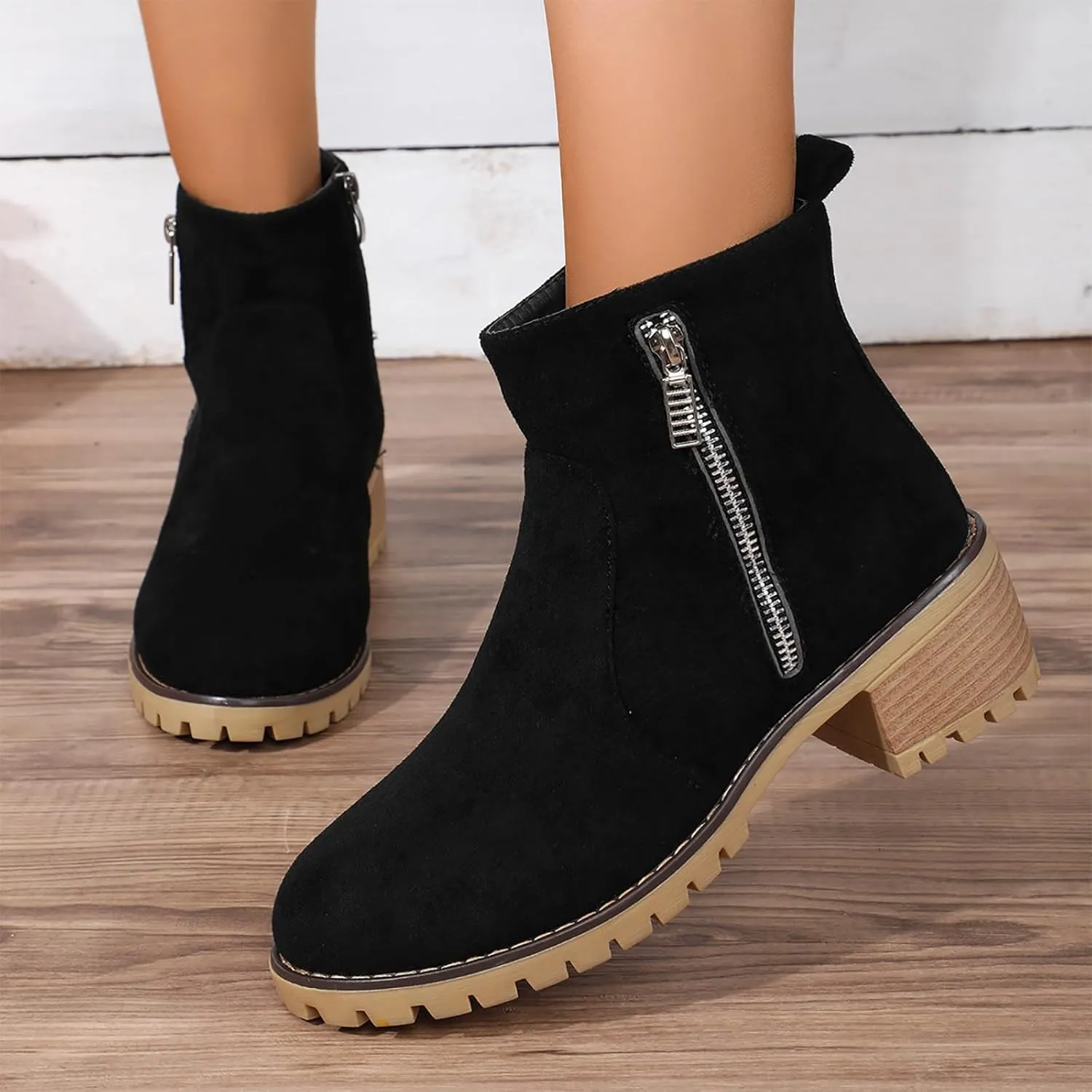 Women's Ankle Boots Low Heels Chunky Fashion Zipper Dressy Booties for Teen Girls Fall Winter Motorcycle Boots