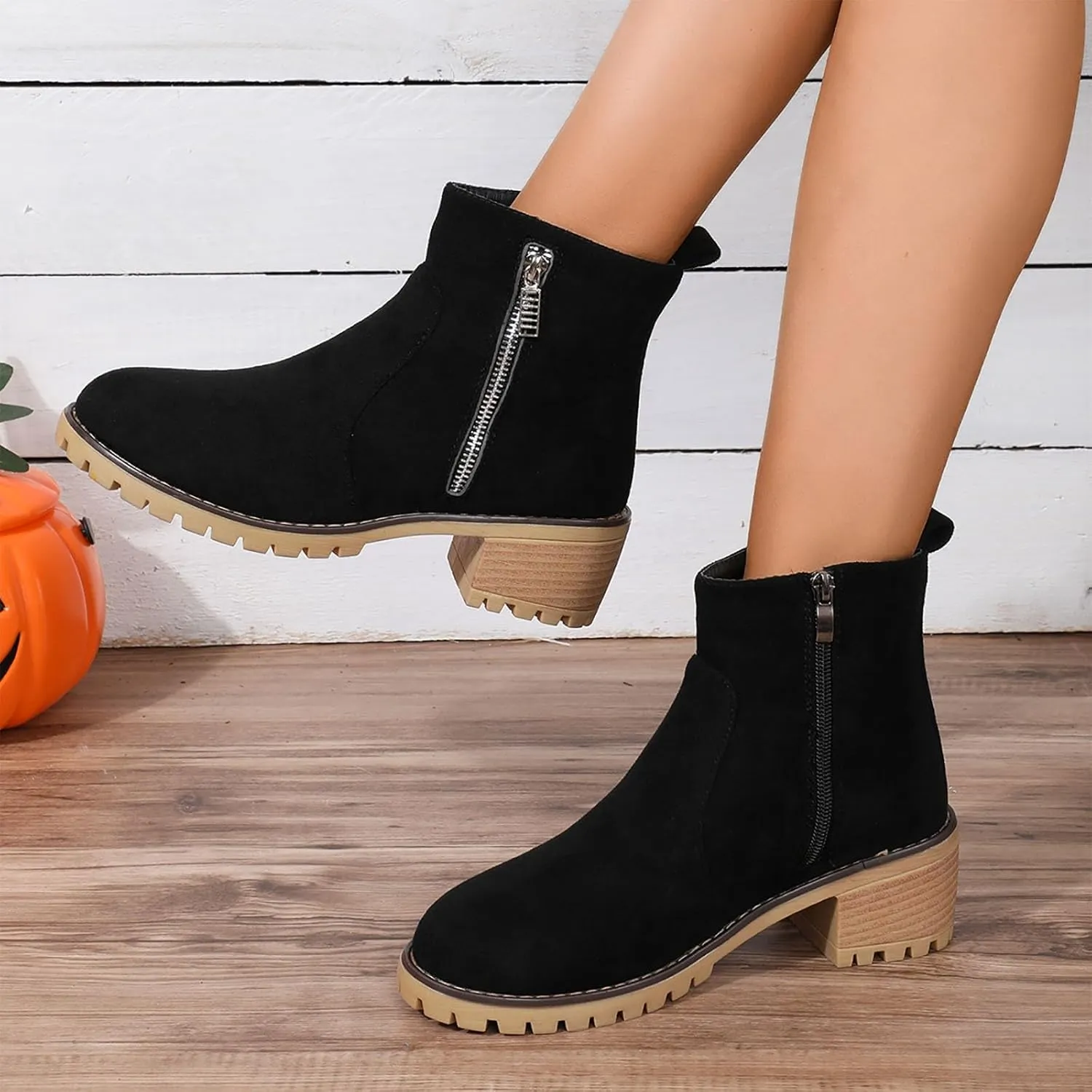 Women's Ankle Boots Low Heels Chunky Fashion Zipper Dressy Booties for Teen Girls Fall Winter Motorcycle Boots