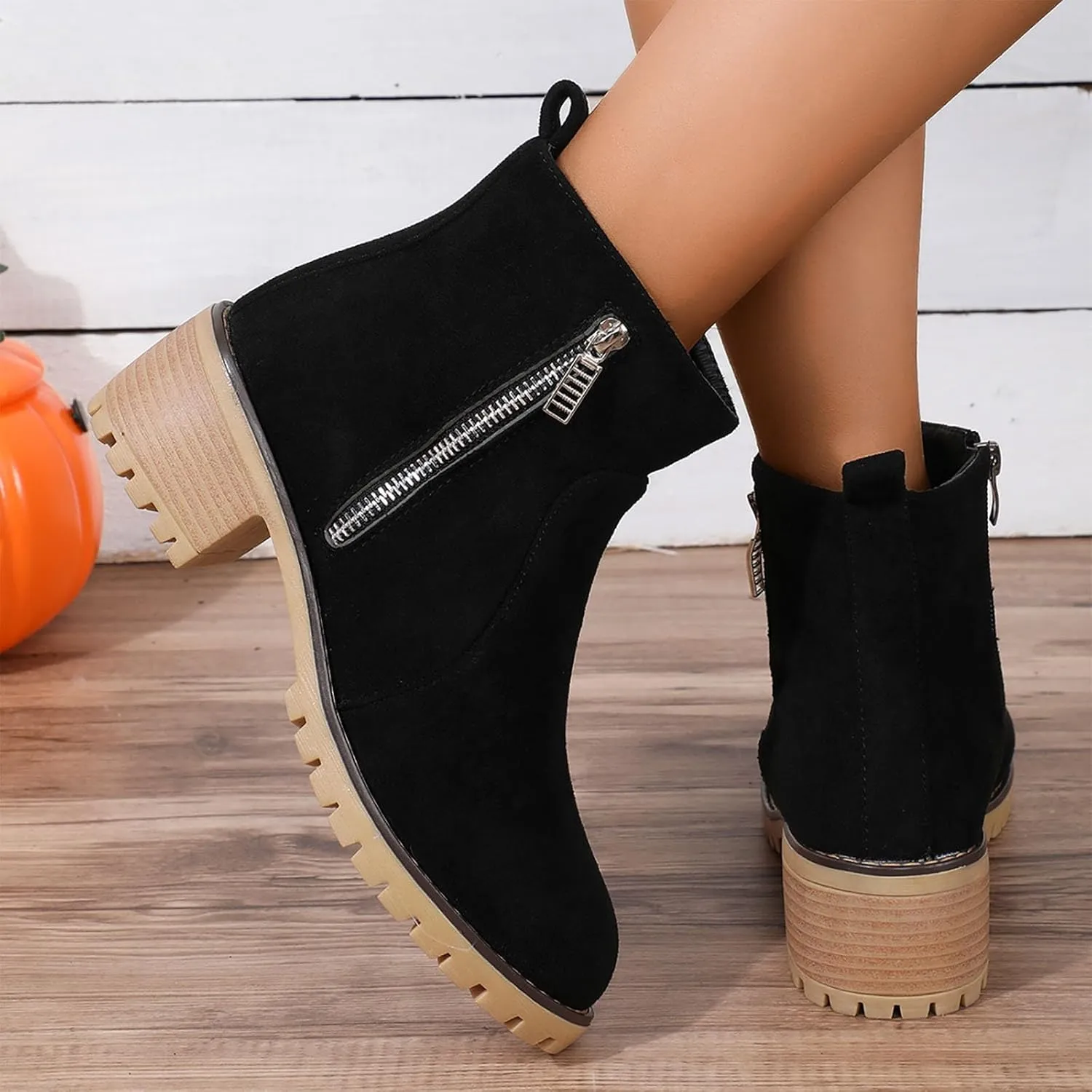 Women's Ankle Boots Low Heels Chunky Fashion Zipper Dressy Booties for Teen Girls Fall Winter Motorcycle Boots