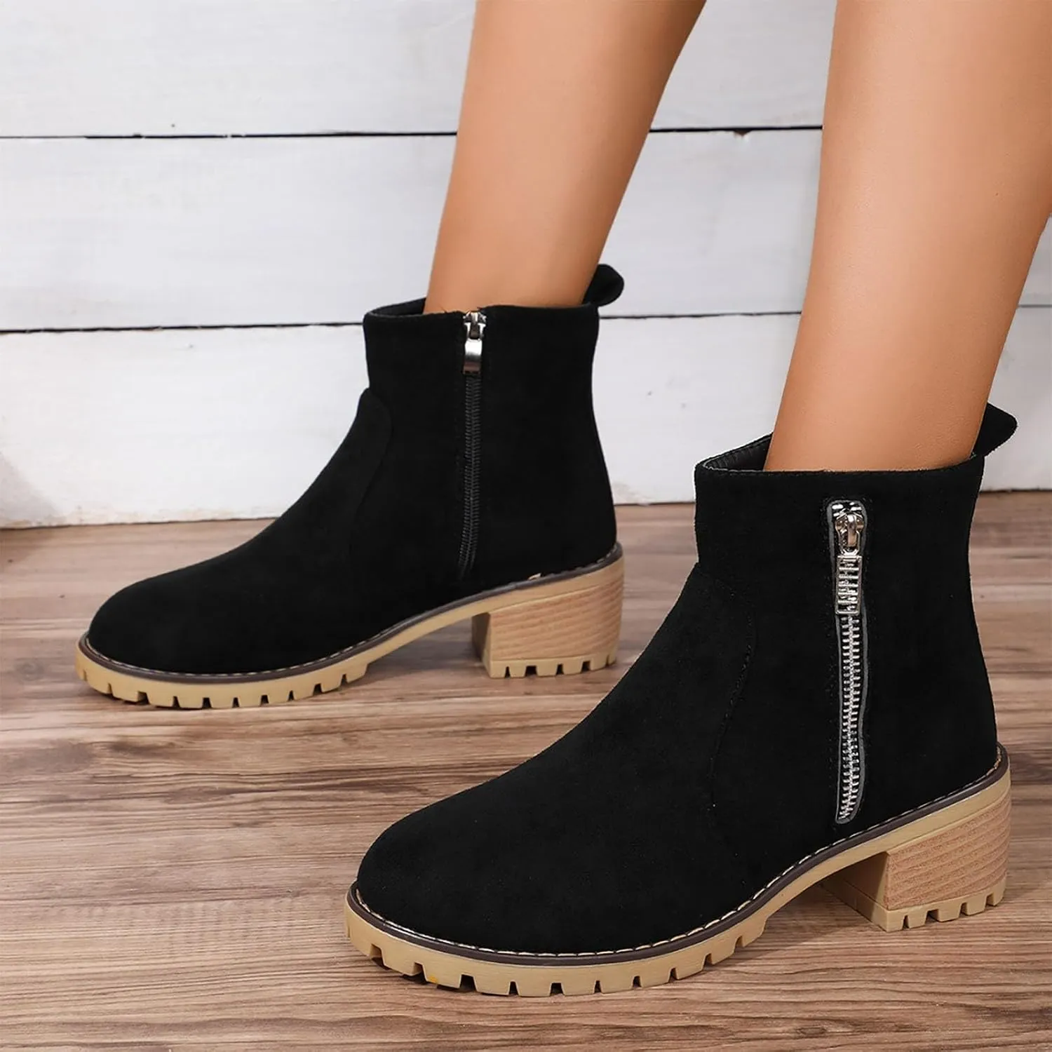 Women's Ankle Boots Low Heels Chunky Fashion Zipper Dressy Booties for Teen Girls Fall Winter Motorcycle Boots