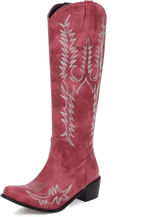 Womens Cowgirl Knee High Boots Chunky Mid Heel Long Boots Square Toe Western Cowboy Boots