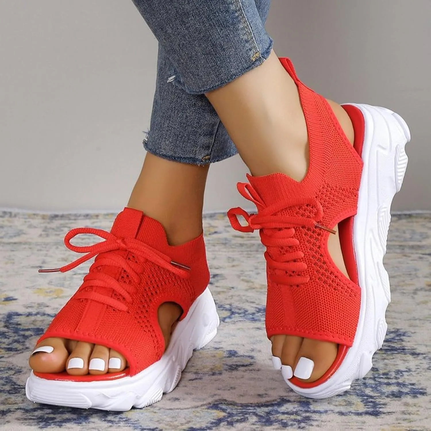Womens Hollow Out Breathable Platform Wedge Sandals Mesh Casual Thick Soled Lace Up Sandals Open Toe Beach Shoes Ankle Strap Comfortable Walking Shoes