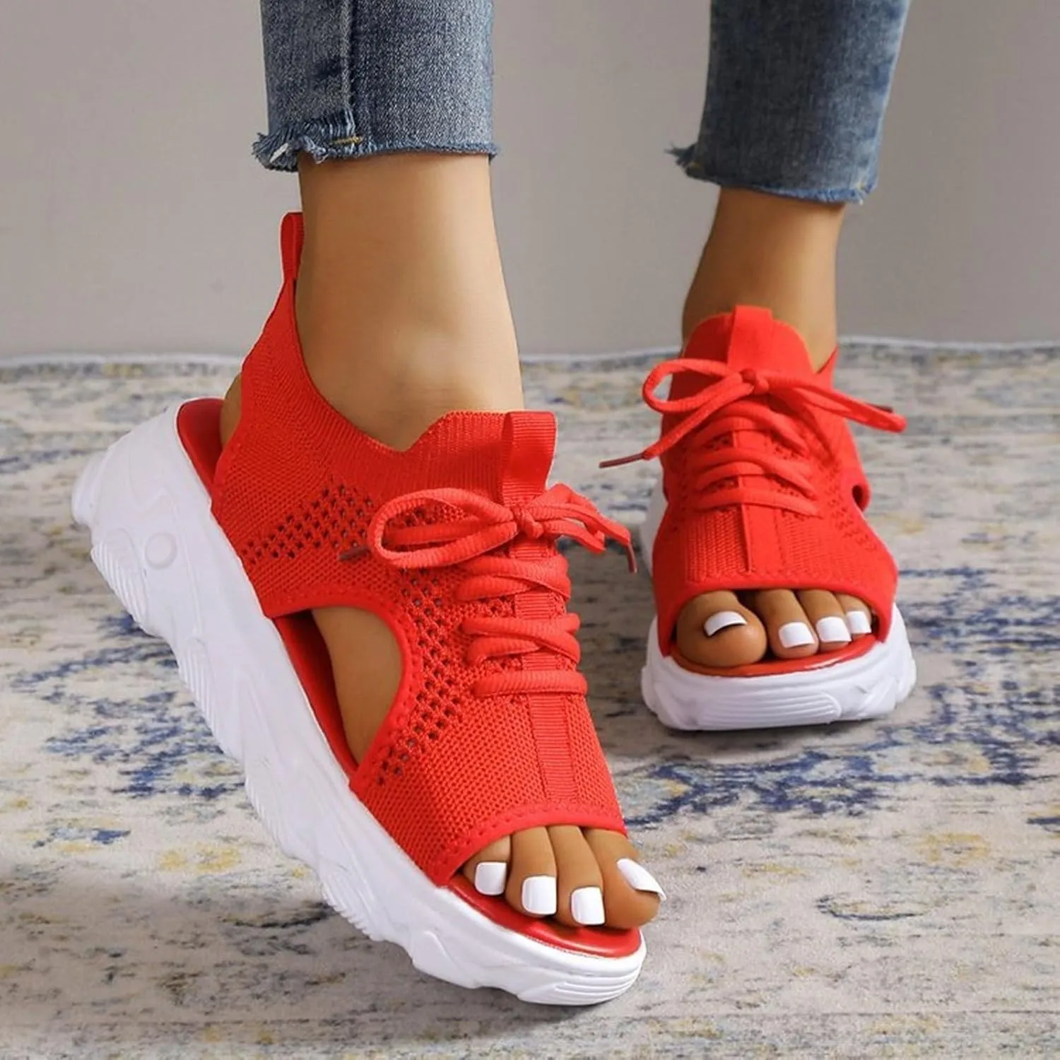 Womens Hollow Out Breathable Platform Wedge Sandals Mesh Casual Thick Soled Lace Up Sandals Open Toe Beach Shoes Ankle Strap Comfortable Walking Shoes