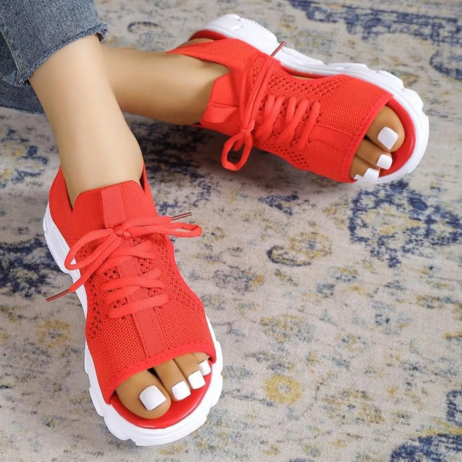 Womens Hollow Out Breathable Platform Wedge Sandals Mesh Casual Thick Soled Lace Up Sandals Open Toe Beach Shoes Ankle Strap Comfortable Walking Shoes