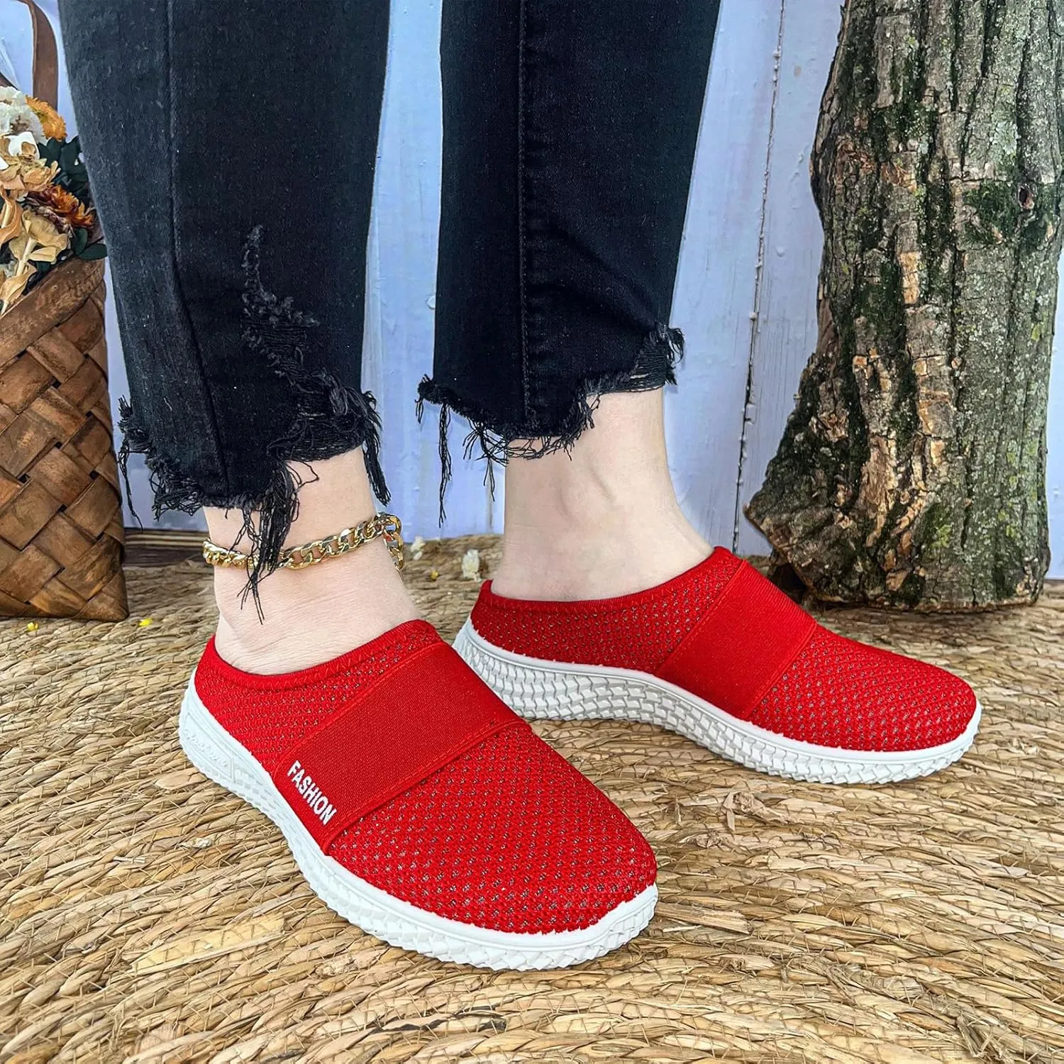 Women's Knitted Mesh Flat Mules Breathable Non-Slip Soft Soles Comfort Slip-on Slippers Open Back Shoes Closed Toe Wide Width Clogs Air Cushion Orthopedic Diabetic with Arch-Support Sandals