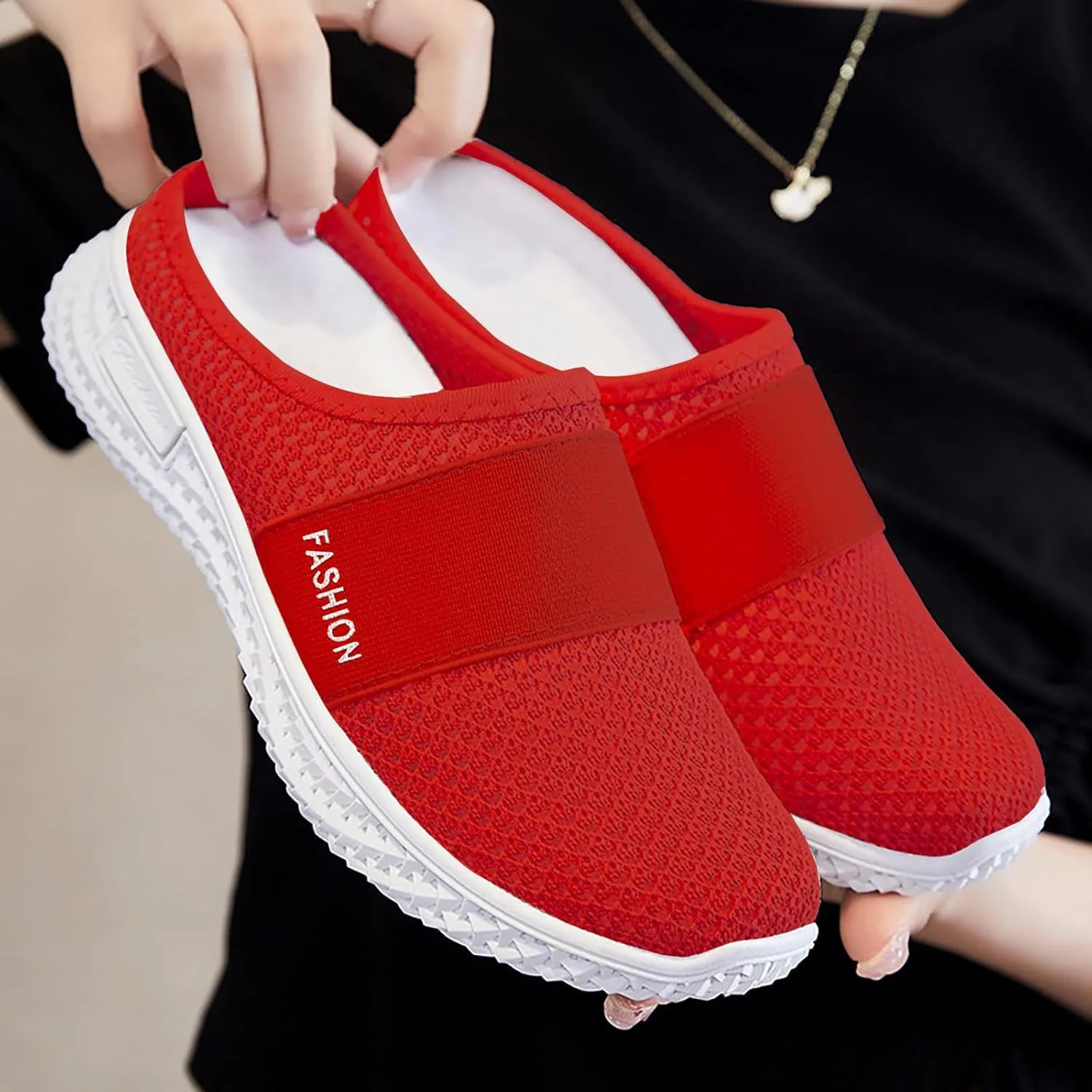Women's Knitted Mesh Flat Mules Breathable Non-Slip Soft Soles Comfort Slip-on Slippers Open Back Shoes Closed Toe Wide Width Clogs Air Cushion Orthopedic Diabetic with Arch-Support Sandals