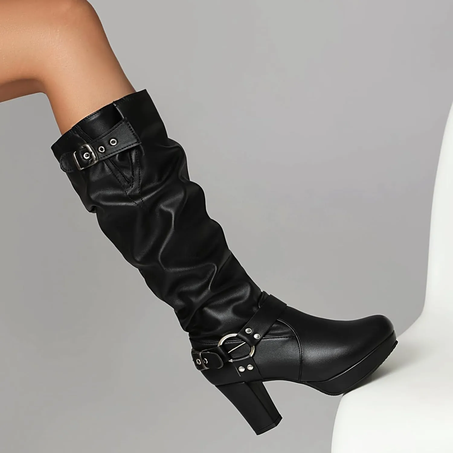 Women's Platform Heel Pleated Knee High Boots Vintage Rivet GOGO Long Boots