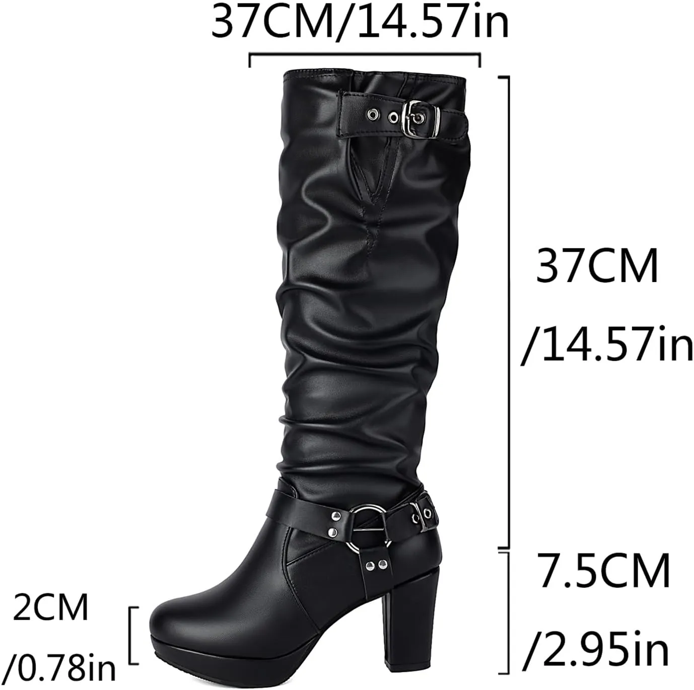 Women's Platform Heel Pleated Knee High Boots Vintage Rivet GOGO Long Boots