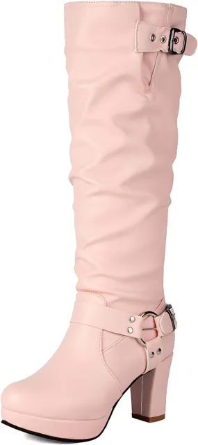 Women's Platform Heel Pleated Knee High Boots Vintage Rivet GOGO Long Boots