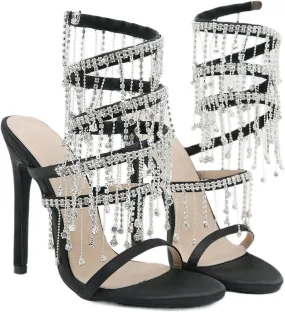 Women's Stiletto High Heel Rhinestone Spiral Ankle Wrap High Heel Sandals Wedding Evening Dress Dance Shoes