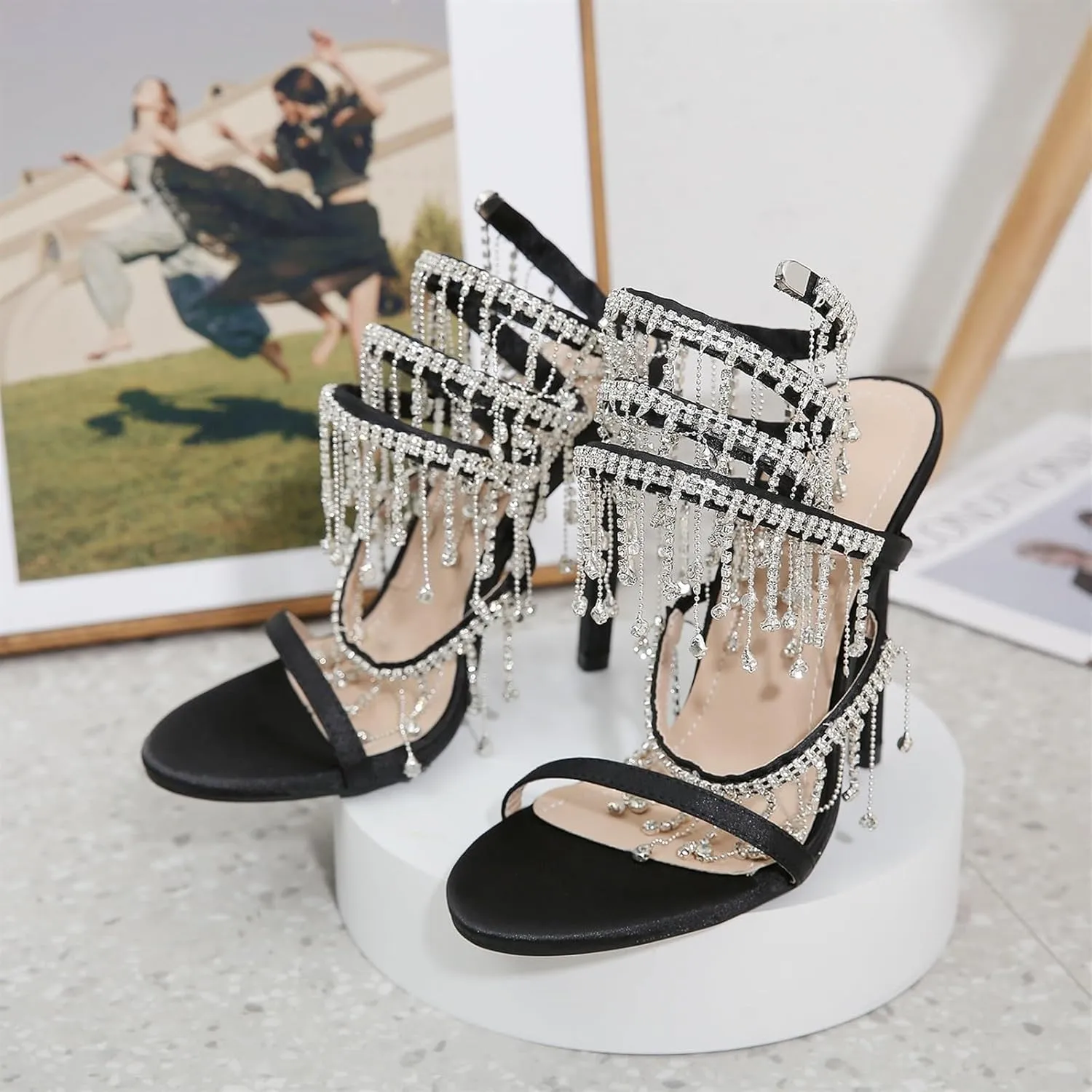 Women's Stiletto High Heel Rhinestone Spiral Ankle Wrap High Heel Sandals Wedding Evening Dress Dance Shoes