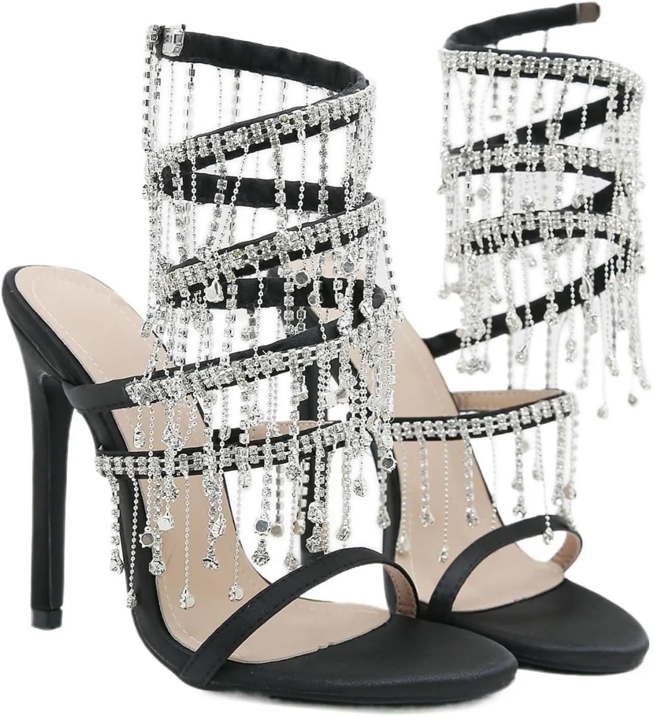 Women's Stiletto High Heel Rhinestone Spiral Ankle Wrap High Heel Sandals Wedding Evening Dress Dance Shoes