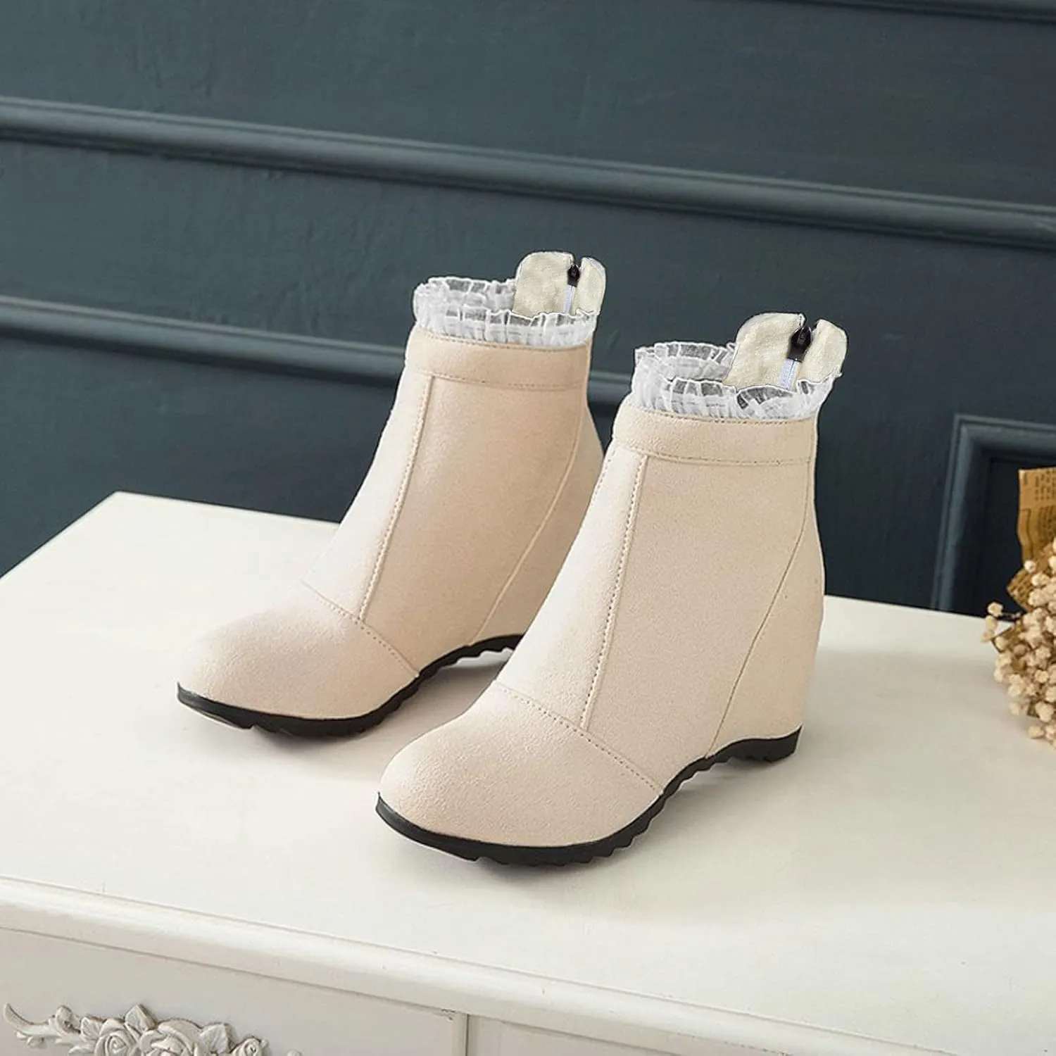 Women's Wedges Ankle Boot Casual Fashion Round Toe Mid Heel Wedge Booties Comfortable Zipper Dress Boots