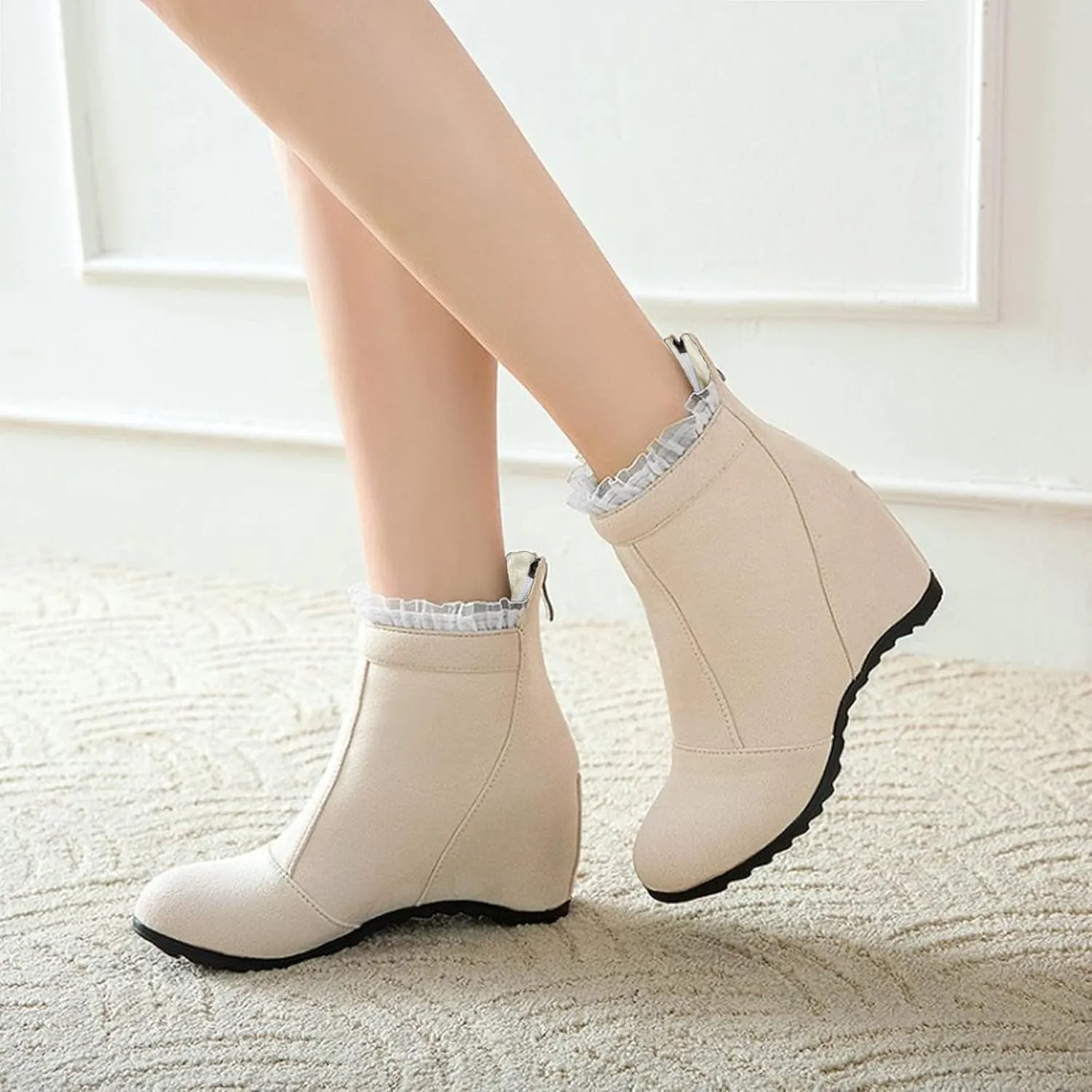 Women's Wedges Ankle Boot Casual Fashion Round Toe Mid Heel Wedge Booties Comfortable Zipper Dress Boots