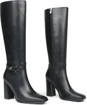Zzheels Women's Knee High Boots Square Toe Chunky Knee Heeled Boots Long Boots for Women